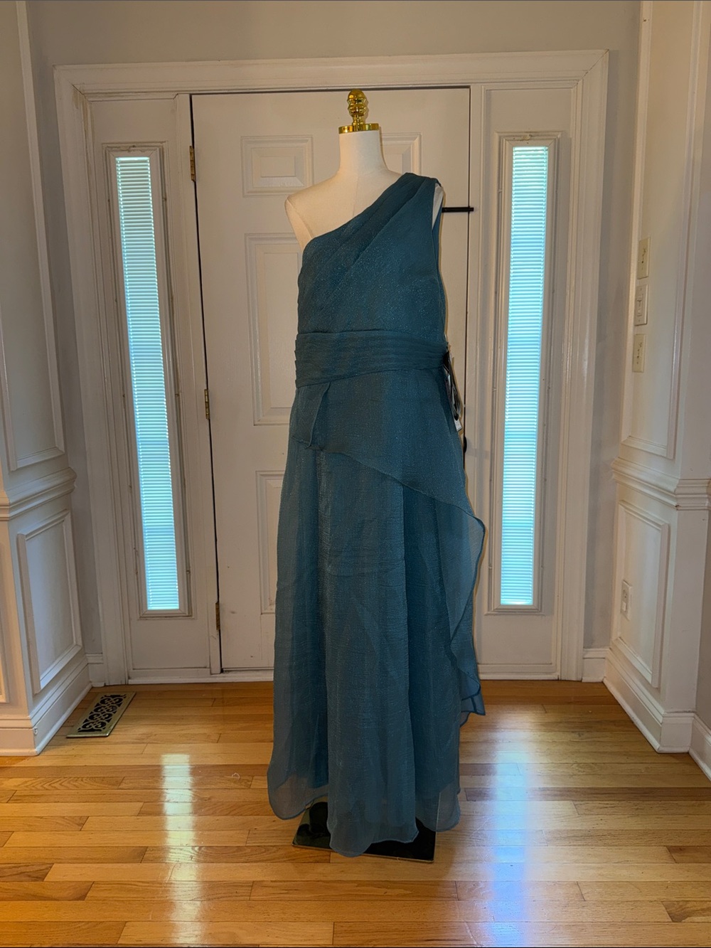 JS Collections One-Shoulder Teal Blue Evening Gown